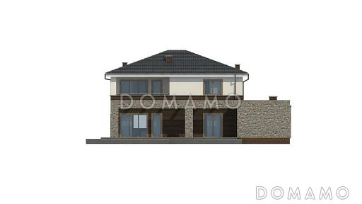Проект просторного современного двухэтажного дома из газобетона с тремя спальнями, кабинетом, гаражом и сауной / Фасад 1