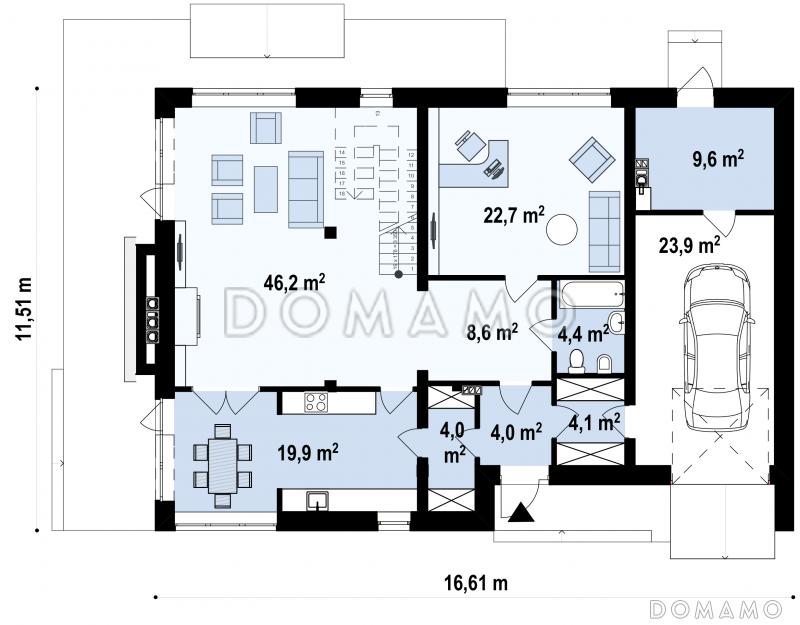 Проект современного двухэтажного дома из газобетона с плоской крышей,  с четырьмя спальнями, просторным кабинетом и гаражом  / План 1 этажа