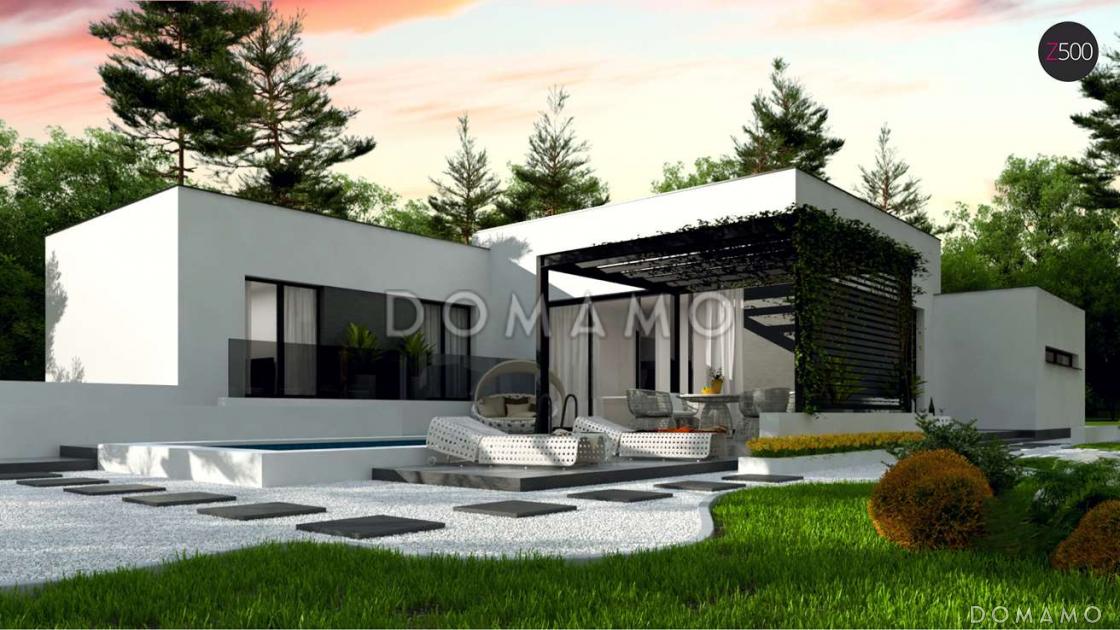 Проект просторного современного одноэтажного дома из газобетона с плоской крышей, с большой гостиной, террасой и гаражом  / 1