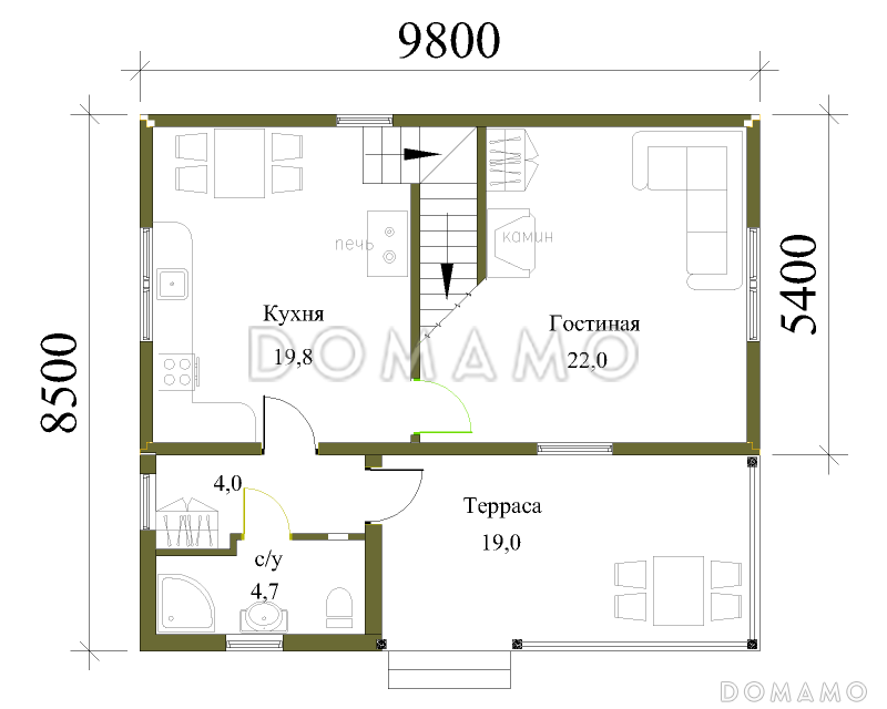 Проект недорогого дачного дома с балконом и двумя спальнями / План 1 этажа