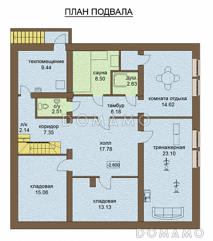 Проект одноэтажного дома с мансардой, с зоной СПА на цокольном этаже / План цокольного этажа