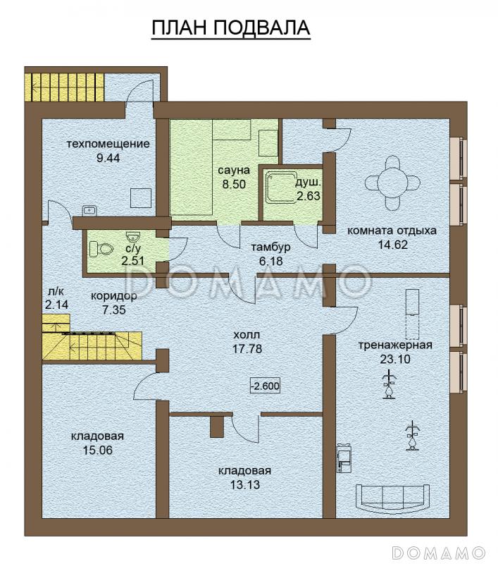 Проект одноэтажного дома с мансардой, с зоной СПА на цокольном этаже / План цокольного этажа