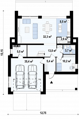 Проект современного двухэтажного дома из кирпича с плоской крышей, с четырьмя комнатами, гаражом и террасами на двух уровнях / План 1 этажа Проект современного двухэтажного дома из кирпича с плоской крышей, с четырьмя комнатами, гаражом и террасами на двух уровнях / План 1 этажа