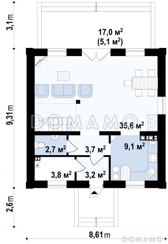 Проект загородного дома простой формы с балконом, террасой с выходом из гостиной, изолированной кухней / План 1 этажа