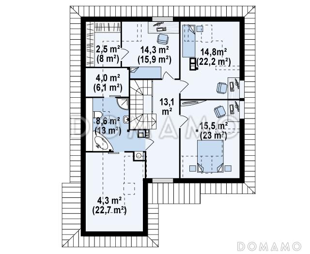 Проект просторного одноэтажного мансардного дома из кирпича с кабинетом, эркером, балконом и гаражом / План мансардного этажа