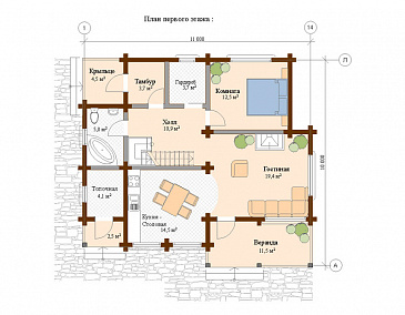 Проект дома из клееного бруса со вторым светом и тремя спальнями на втором этаже / План 1 этажа Проект дома из клееного бруса со вторым светом и тремя спальнями на втором этаже / План 1 этажа