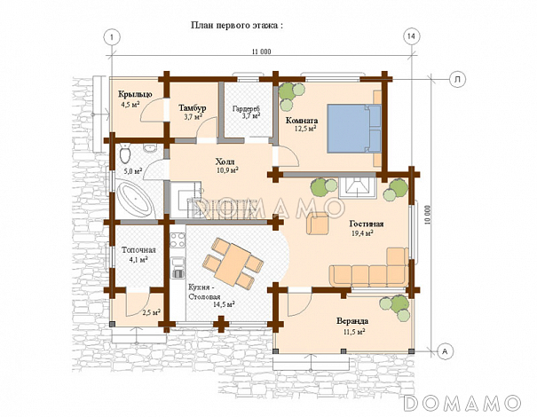 Проект дома из клееного бруса со вторым светом и тремя спальнями на втором этаже / План 1 этажа Проект дома из клееного бруса со вторым светом и тремя спальнями на втором этаже / План 1 этажа