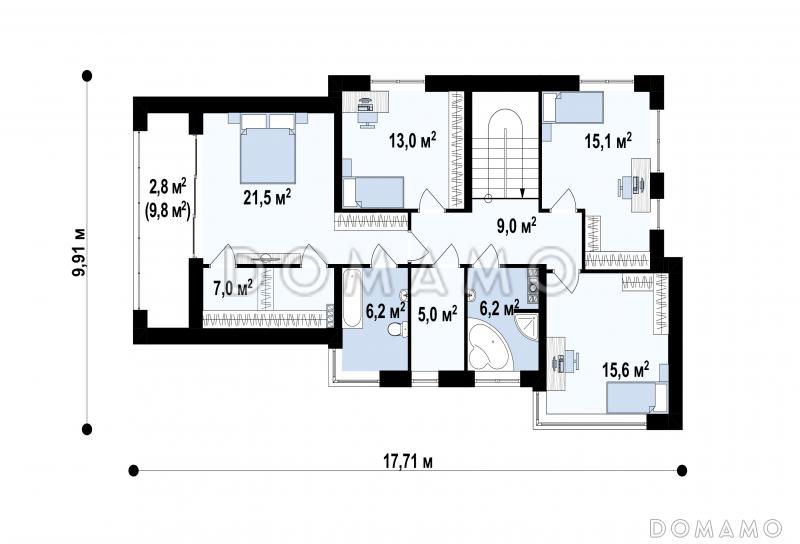 Проект двухэтажного загородного дома с гаражом на 2 автомобиля, террасой, большой кухней, кабинетом / План 2 этажа
