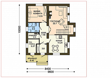 Проект компактного коттеджа с кладовой и пятью спальнями / План 1 этажа Проект компактного коттеджа с кладовой и пятью спальнями / План 1 этажа