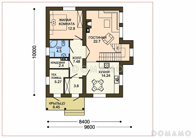 Проект компактного коттеджа с кладовой и пятью спальнями / План 1 этажа Проект компактного коттеджа с кладовой и пятью спальнями / План 1 этажа