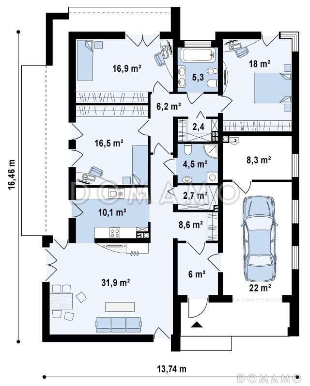 Проект современного одноэтажного дома из газобетона с плоской крышей с тремя спальнями и гаражом  / План 1 этажа