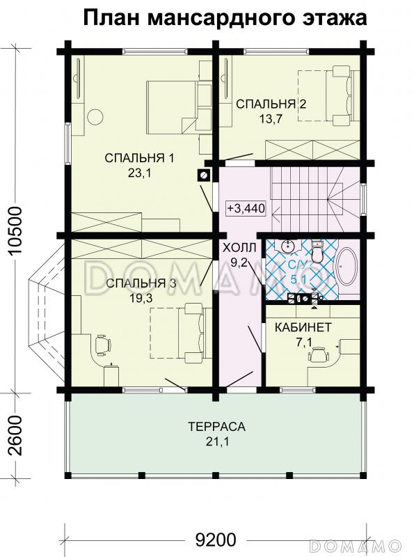 Проект деревянного дома из бруса с мансардой и просторными террасами / План мансардного этажа