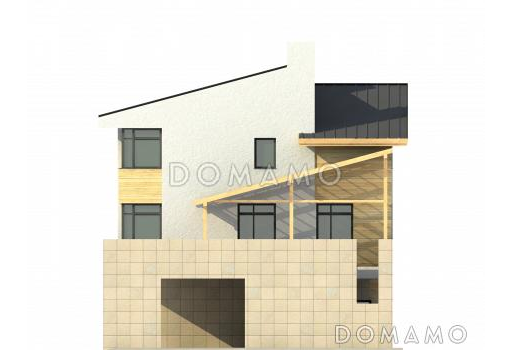 Проект загородного дома с навесом на две машины, крытой террасой, техническими помещениями на первом этаже / Фасад 2