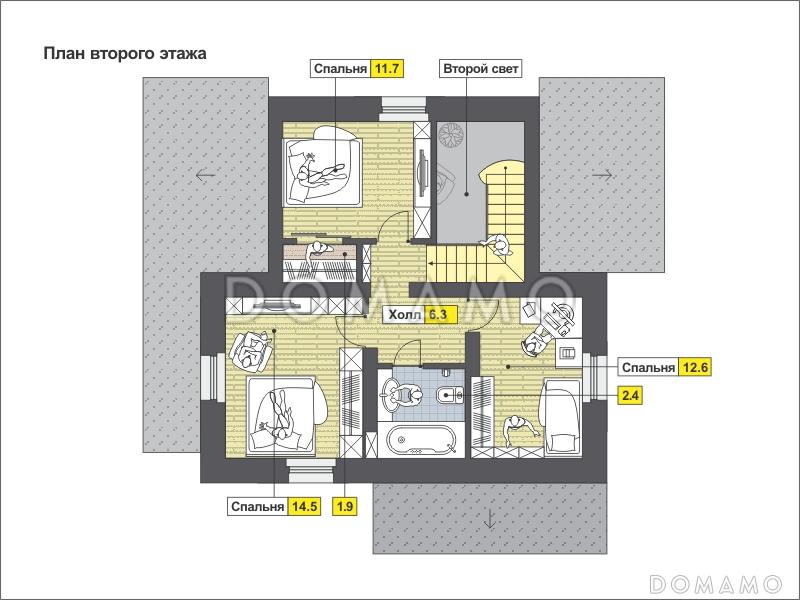 Проект дома рациональной планировкой с двумя террасами, вторым светом, изолированной кухней, тремя спальнями / План мансардного этажа