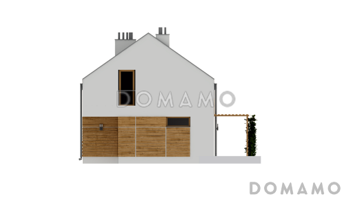Проект компактного одноэтажного дома из газобетона с ночной зоной на мансардном этаже и открытой террасой вдоль дома / Фасад 2