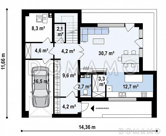 Проект современного двухэтажного дома из кирпича с плоской крышей, с четырьмя комнатами, гаражом и угловой лоджией / План 1 этажа