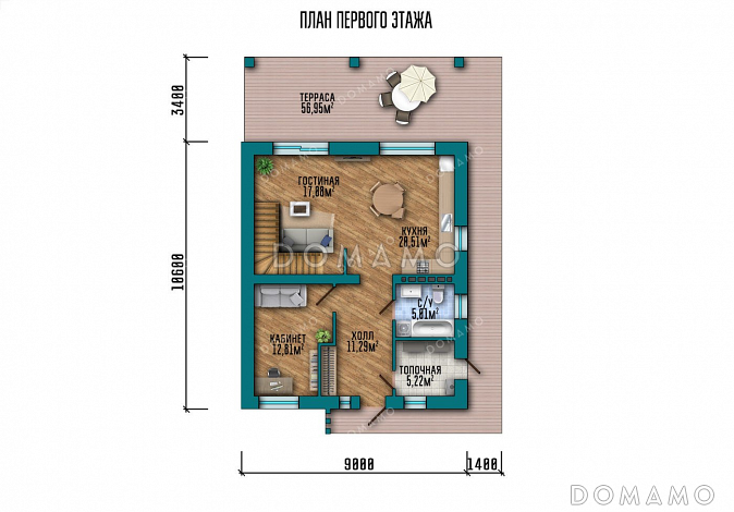 Проект дома с просторной террасой и мансардой / План 1 этажа
