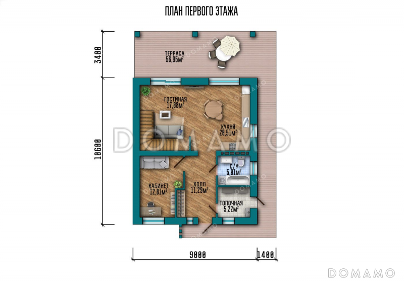Проект дома с просторной террасой и мансардой / План 1 этажа