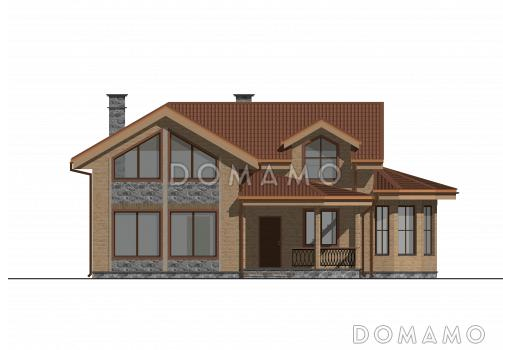 Проект двухэтажной бани с остекленной гостиной, просторной верандой и игровой / Фасад 3