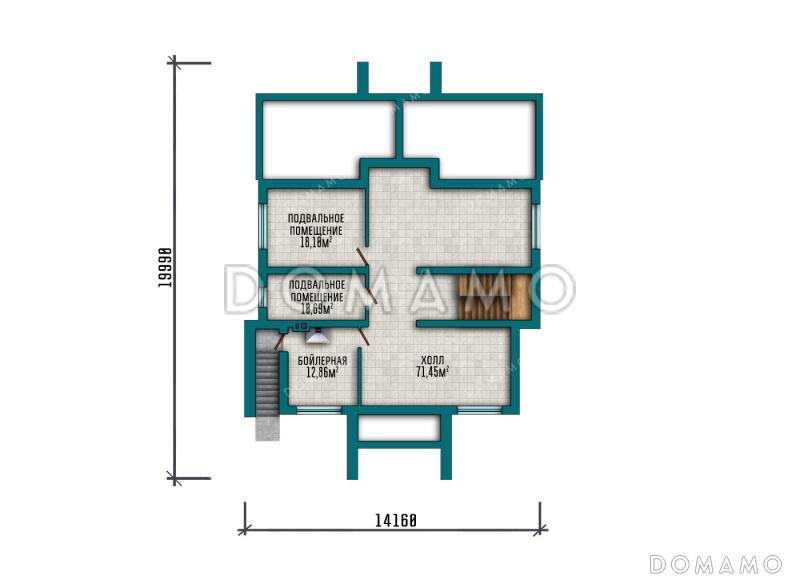 Проект большого двухэтажного дома с подвалом в стиле Райт с комбинированной отделкой и широкой кровлей / План цокольного этажа