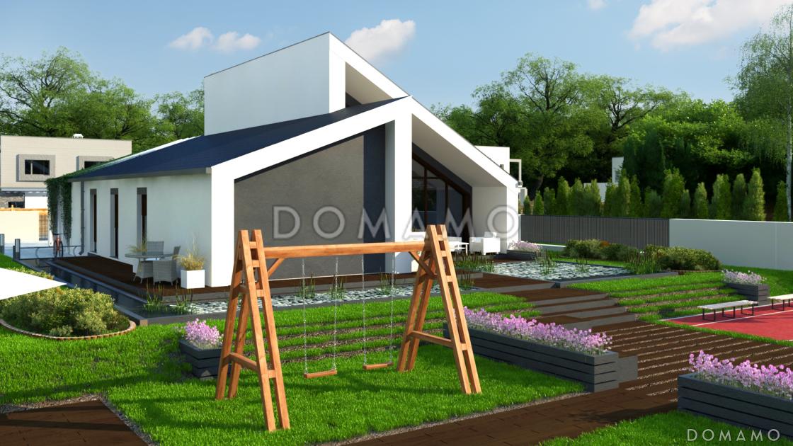 Проект комфортного одноэтажного дома с косой крышей, большими террасами, панорамным остеклением дневной зоны / 5