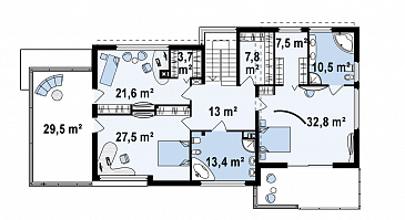 Проект современного двухэтажного дома в стиле хай-тек из кирпича с плоской крышей, балконом и гаражом с двумя отдельными въездами / План 2 этажа Проект современного двухэтажного дома в стиле хай-тек из кирпича с плоской крышей, балконом и гаражом с двумя отдельными въездами / План 2 этажа