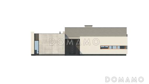 Проект современного одноэтажного дома из газобетона с плоской крышей с тремя спальнями, частично крытой террасой и одноместным гаражом / Фасад 3