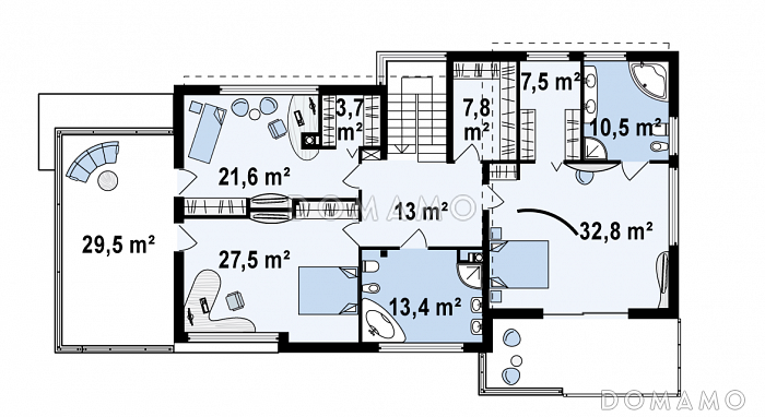 Проект современного двухэтажного дома в стиле хай-тек из кирпича с плоской крышей, балконом и гаражом с двумя отдельными въездами / План 2 этажа Проект современного двухэтажного дома в стиле хай-тек из кирпича с плоской крышей, балконом и гаражом с двумя отдельными въездами / План 2 этажа