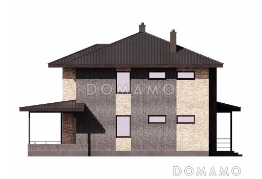 Проект кирпичного двухэтажного дома с кабинетом, 4 спальнями и просторной гардеробной у входа / Фасад 2