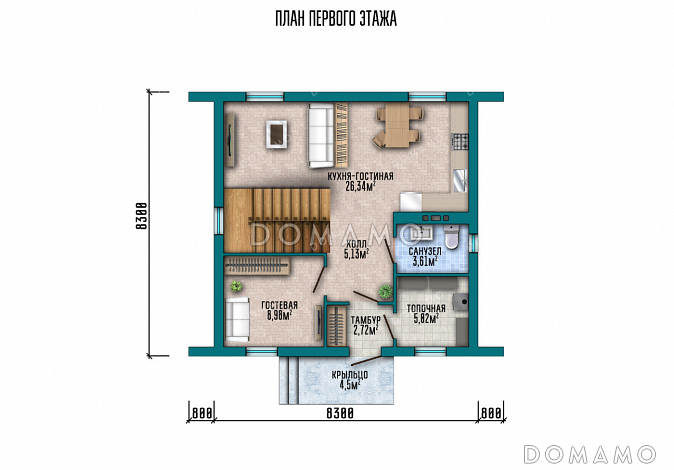 Проект коттеджа в стиле шале с 4 спальнями и нестандартными фасадами / План 1 этажа Проект коттеджа в стиле шале с 4 спальнями и нестандартными фасадами / План 1 этажа