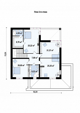 Проект просторного двухэтажного дома из газобетона с гаражом на два автомобиля для большой семьи  / План 2 этажа Проект просторного двухэтажного дома из газобетона с гаражом на два автомобиля для большой семьи  / План 2 этажа