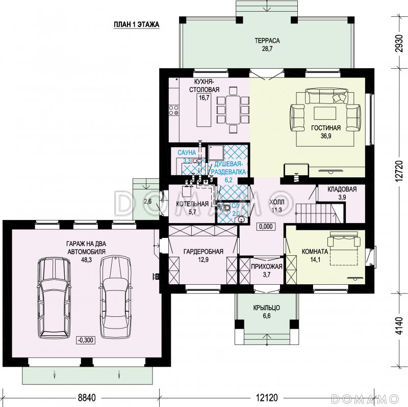 Проект газобетонного двухэтажного особняка с двойным гаражом / План 1 этажа