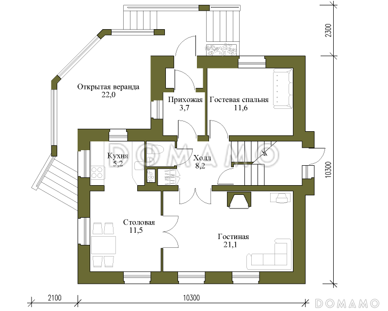 Проект коттеджа с вальмовой крышей и террасой. / План 1 этажа