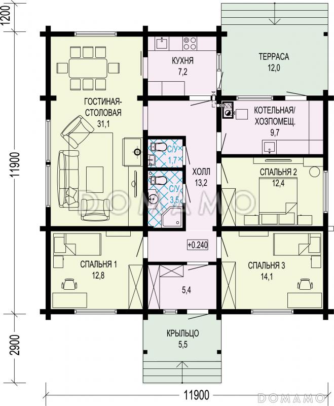 Проект одноэтажного дома из бруса с тремя спальнями и террасой / План 1 этажа
