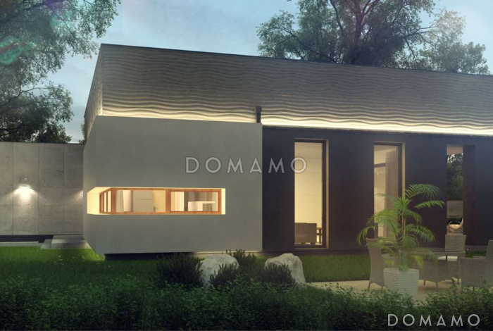 Проект современного одноэтажного дома из кирпича с плоской крышей с тремя спальнями, частично крытой террасой и одноместным гаражом Проект современного одноэтажного дома из кирпича с плоской крышей с тремя спальнями, частично крытой террасой и одноместным гаражом