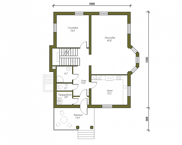 Проект кирпичного коттеджа с подвалом и мансардой / План 1 этажа