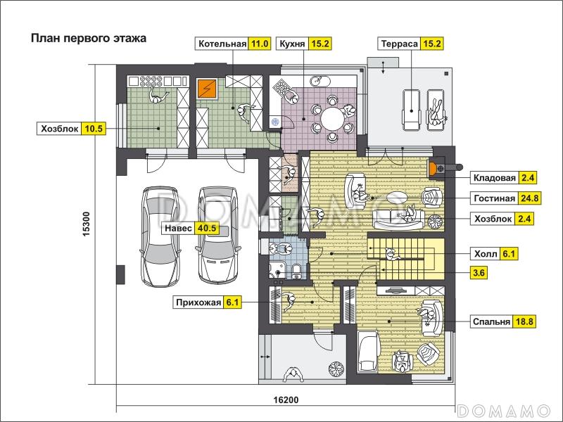 Проект дома с навесом на две машины, крытой террасой, спальней на первом этаже, балконом / План 1 этажа