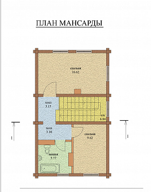 Проект компактного одноэтажного дома из оцилиндрованного бревна с мансардой / План мансардного этажа