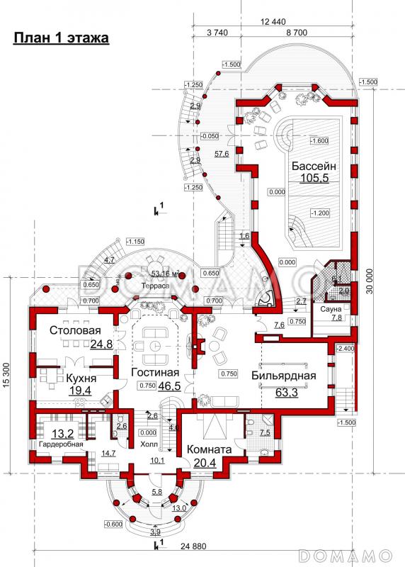 Проект коттеджа с двусветной гостиной, бильярдной и бассейном / План 1 этажа Проект коттеджа с двусветной гостиной, бильярдной и бассейном / План 1 этажа