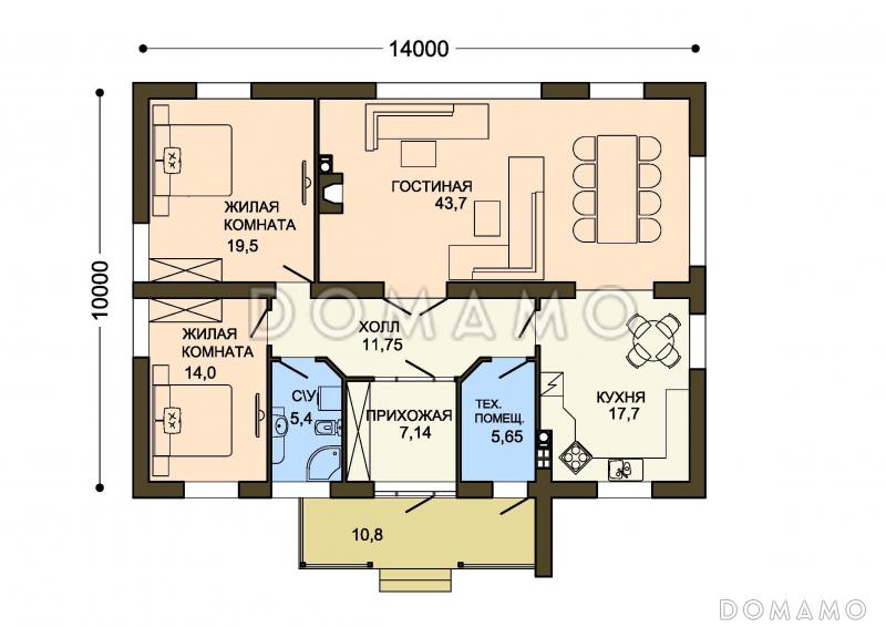Проект одноэтажного коттеджа с коричневой облицовкой и необычной стеной крыльца / План 1 этажа