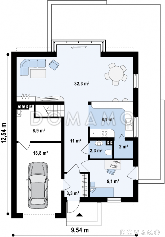 Проект просторного современного одноэтажного дома из газобетона  с мансардой, с двумя балконами в кровле и встроенным гаражом  / План 1 этажа
