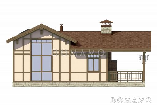 Проект дома с просторной крытой террасой с барбекю, гостиной с кухней-столовой, сауной и душевой, вторым светом и спальней на мансарде / Фасад 3