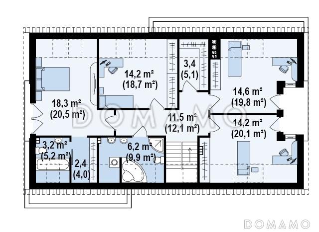 Проект одноэтажного мансардного дома из кирпича с кабинетом, тремя спальнями и гаражом на два автомобиля / План мансардного этажа
