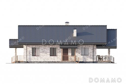 Проект выразительного одноэтажного дома с двухскатной крышей в разных уровнях, большой террасой и вторым светом / Фасад 2