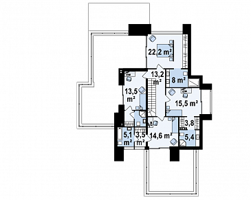 Проект большого современного двухэтажного дома из кирпича с четырьмя спальнями, кабинетом и гаражом для участка с рельефом / План 2 этажа Проект большого современного двухэтажного дома из кирпича с четырьмя спальнями, кабинетом и гаражом для участка с рельефом / План 2 этажа