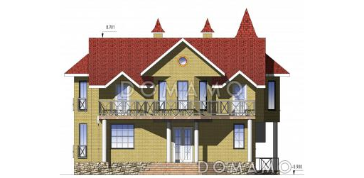 Проект двухэтажного коттеджа с цоколем, с двумя эркерами, балконом и двумя террасами / Фасад 1