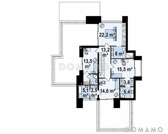 Проект большого современного двухэтажного дома из кирпича с четырьмя спальнями, кабинетом и гаражом для участка с рельефом / План 2 этажа Проект большого современного двухэтажного дома из кирпича с четырьмя спальнями, кабинетом и гаражом для участка с рельефом / План 2 этажа
