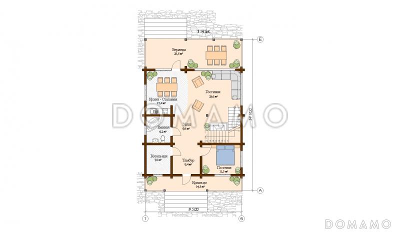 Проект дома из клееного бруса до 300 м. кв. / План 1 этажа