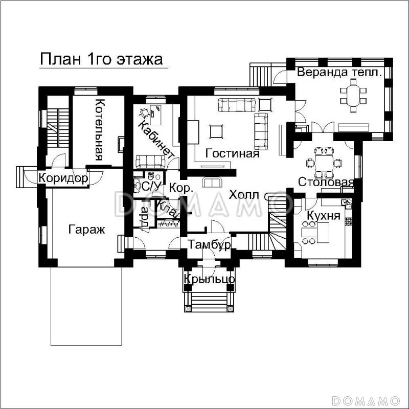 Проект двухэтажного дома с выступающими эркерами, балконами / План 1 этажа