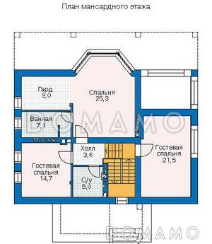 Проект комфортабельного дома с цокольным этажом, просторной террасой, гаражом для одной машины / План мансардного этажа